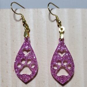 Dog Paw Heart Earrings Pink Glitter Acrylic Gold Earwires